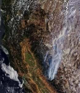 MODIS image of northern California and Nevada showing the Rim and American Fires, both sending plumes of smoke over to the Burning Man Festival, currently being held in the Black Rock Desert.