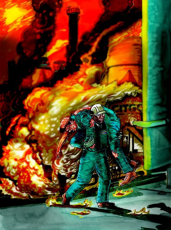 Artist rendering of USW member Charles Wharton carrying a critically injured co-worker to safety after the 2009 explosion at the CITGO refinery in Corpus Christi, Texas. Art by Frederick H. Carlson of Carlson Studio.