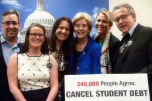 Roger Hickey, Campaign for America’s Future, Rachel Colyer, Daily Kos, Amanda Johnson, Working Families, Natalia Abrams, Student Debt Crisis, and John Hlinko, Left Action – representing some of the 12 organizations who helped gather the 240,000 signatures – with Senator Elizabeth Warren. 